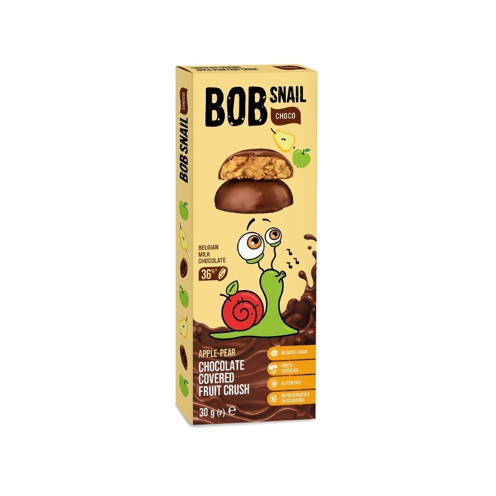 Bob Snail Snack alla mela e alla pera in cioccolato belga senza zucchero, 30 g