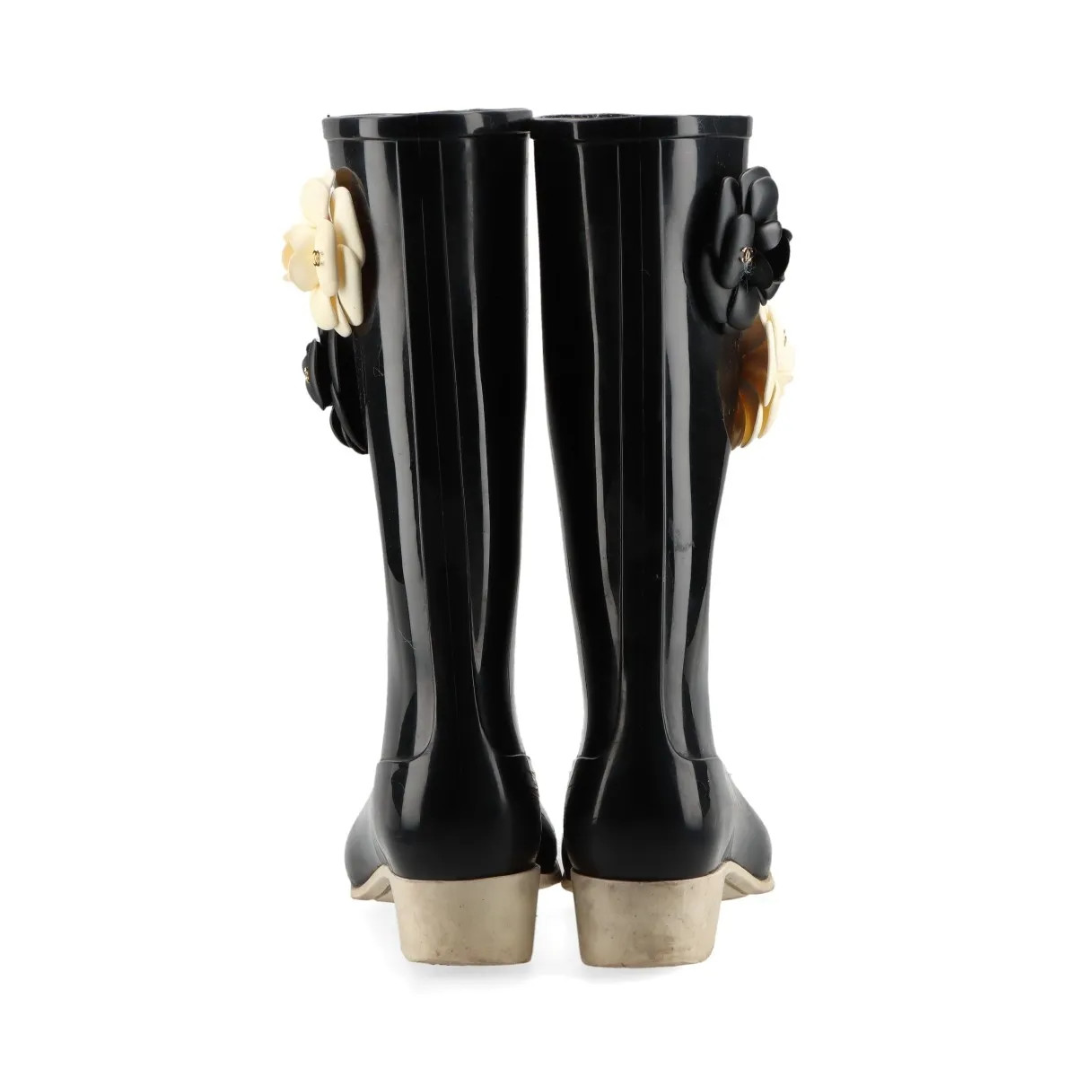 Chanel Coco Mark Camelia 10P Rubber Rain boots 38 Ladies' Black x ivory G26648 W thumbnail 6
