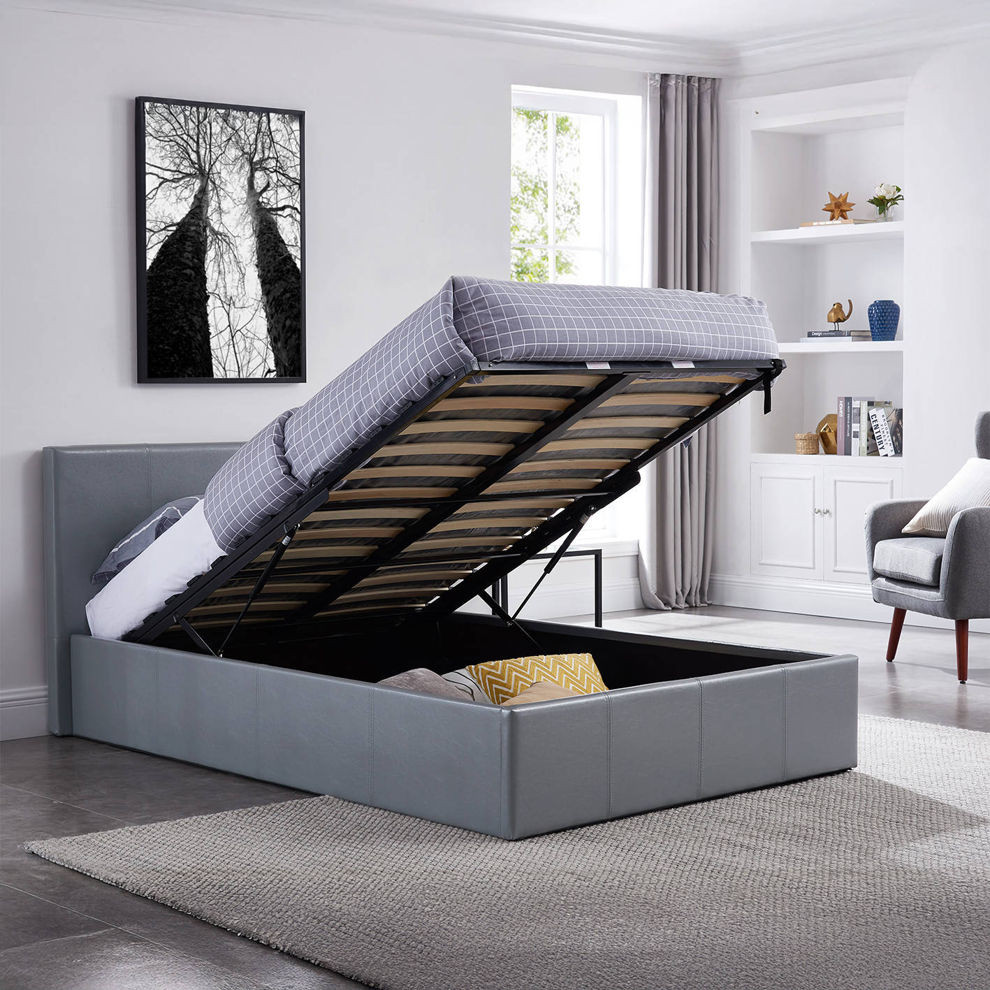 LUNA Kingsize 5FT Ottoman Grey Faux Leather Bed Gas Lift Storage Frame