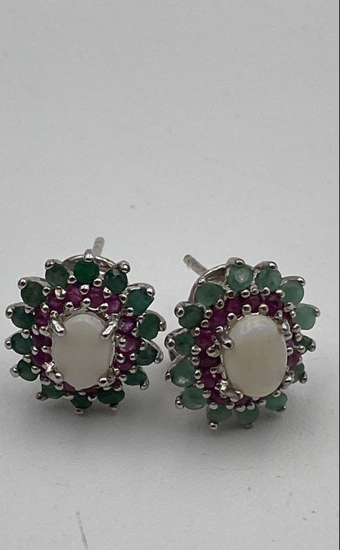925 Sterling Silver Emerald And Ruby Stud Earring… - image 3