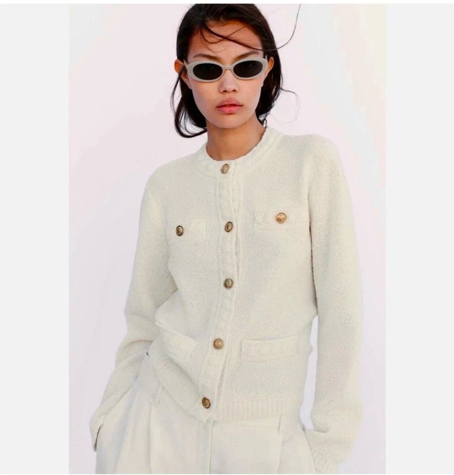 WOMEN'S H&M TEXTURED KNIT GOLD BUTTONS CARDIGAN KNIT SWEATER JACKET IVORY LARGE - Image 2 of 4