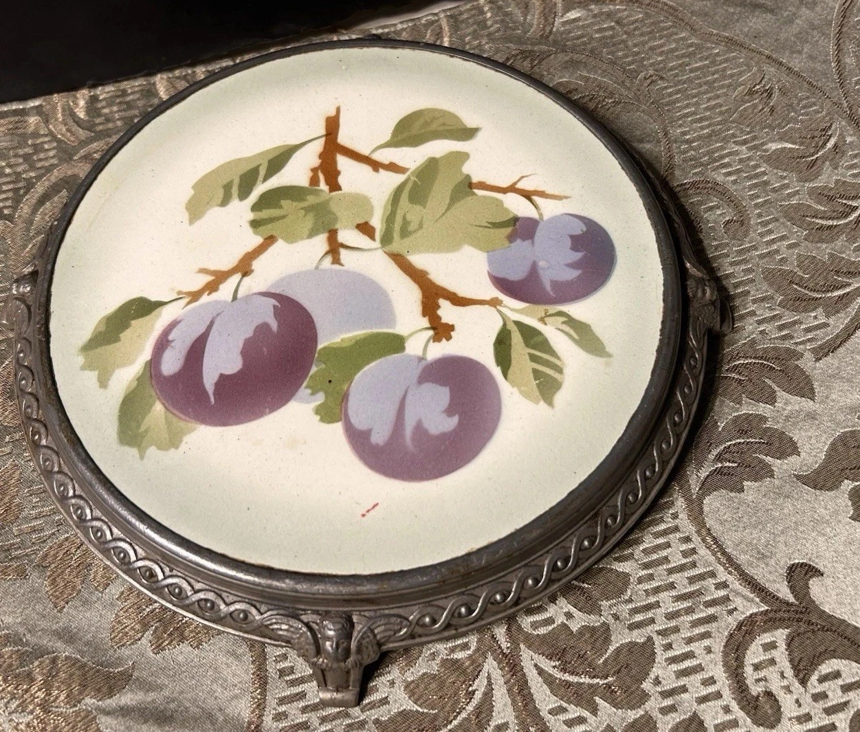 antique Tea Pot Holder Art Nouveau porcelain and metal footed trivet/ Hot Plate image 12