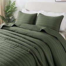 ROARINGWILD Olive Green Queen Size Quilt Set, Striped Pick Stitch Lightweight...