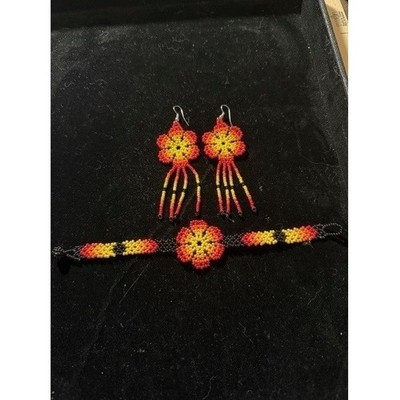Native American Style Handmade Beaded Flower Earrings and Bracelet Set Gorgeous