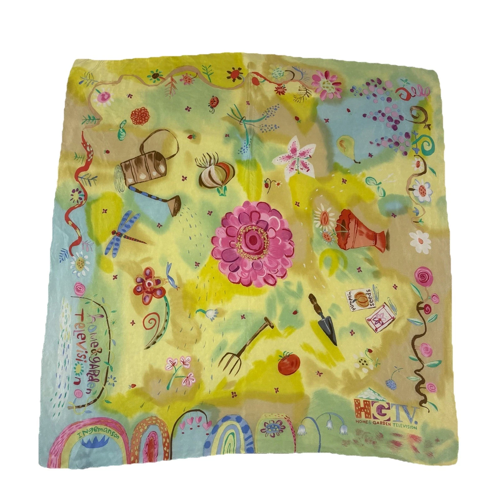 HGTV Silk Scarf Square 27 X 27 Flowers Dragonfly Gardening Gift Rare Vintage