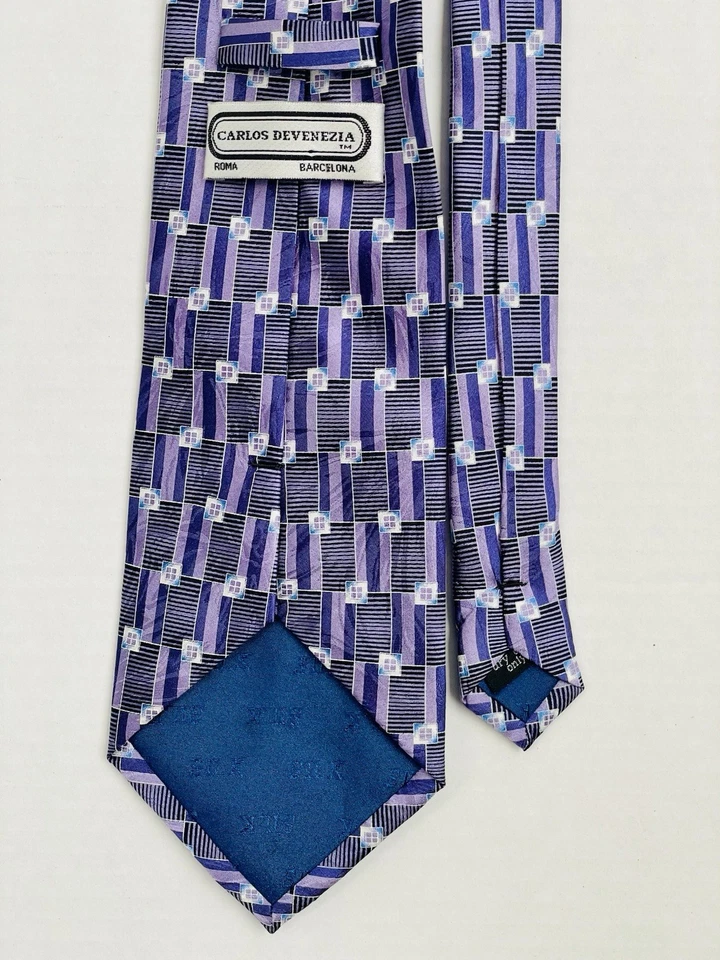 Corbata Carlos Devenezia púrpura geométrica 100 % seda 4 pulgadas de ancho Foto 3 de 4