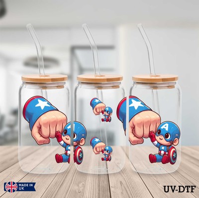 Captain America and Kid UV DTF Aufkleber - 16oz Libbey Dose Glasfolie zp971