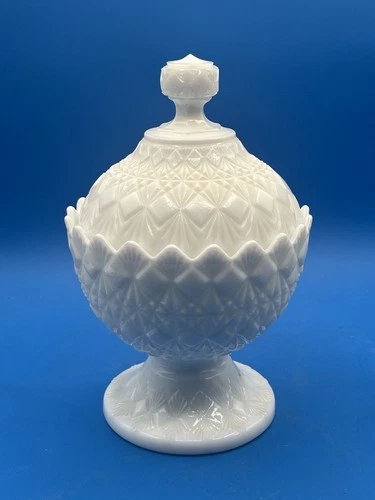 Vintage Milk Glass Covered Candy Dish Pedestal Compote Quilt Diamond Pattern 8”