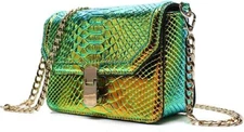 RemeeHi Hologram Snake Skin Leather Crossbody Chain Bag, Green 