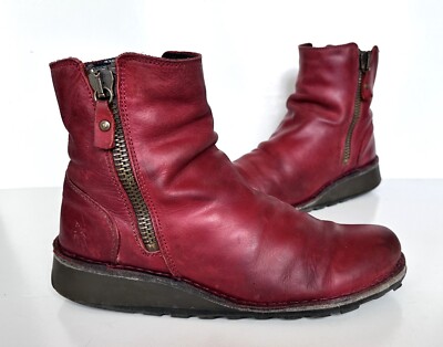 Ladies FLY LONDON Red Leather Low-wedge ankle boots Size UK eu
