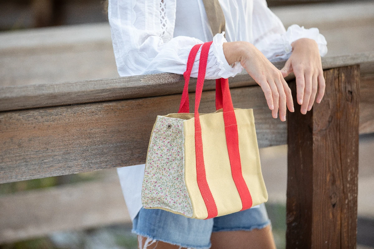 Mini Canvas Tote Bag with floral print side panels, pockets, snap closure