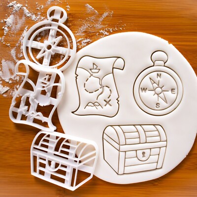 Set of 3 Treasure Chest, Map, Compass Cookie Cutters - Scavenger pirate beach