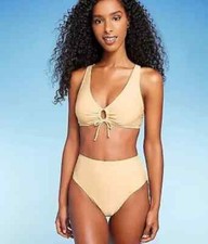 Yellow Lurex Cinched Tie Back Bikini Bottoms  Keyhole Triangle Top MEDIUM L51