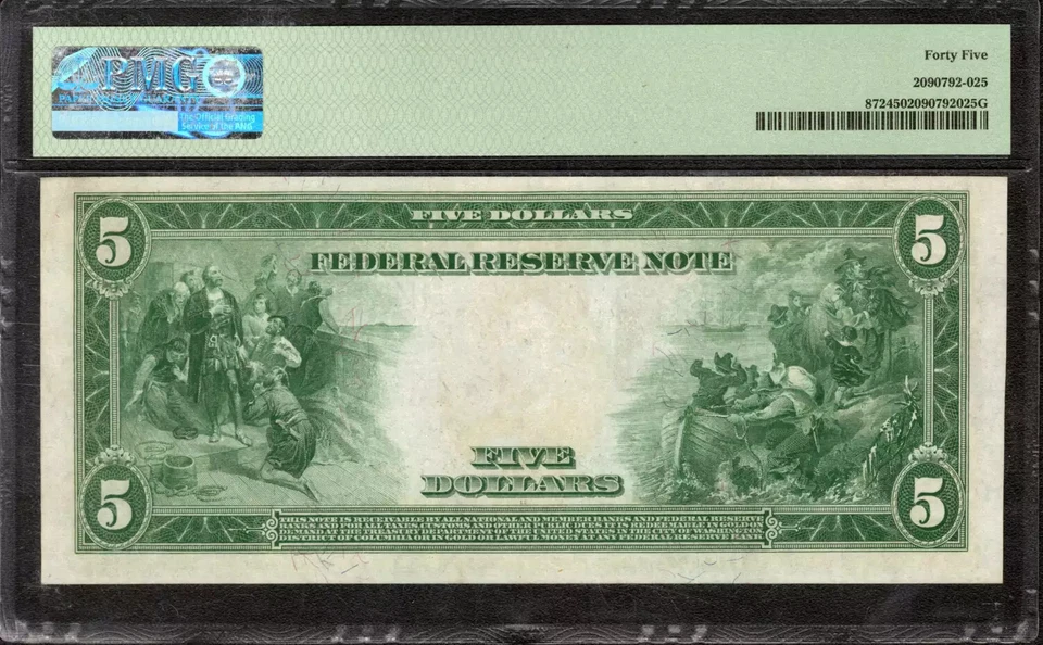 1914 $5 FEDERAL RESERVE NOTE ST LOUIS FR.872 BURKE MCADOO PMG CHOICE XF 45 (302A - Image 2 of 2
