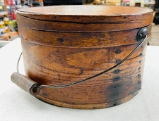 PRIMITIVE ANTIQUE WOOD FIRKIN PANTRY BOX ORIGINAL FINISH 11" x 6 1/2" HANDLE LID