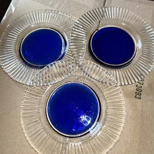 SET OF 3 PIER 1 LCobalt Blue Side Plates with Clear Faned Edges Tablewear 8.5”