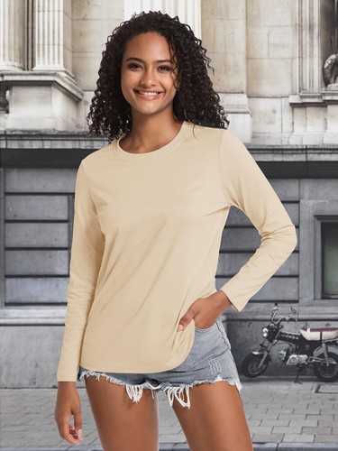 Damen Baumwolle Rundhalsausschnitt T-Shirt Langarm Freizeit Trainingsshirts Sport Arbeit Tops - Bild 46 von 150