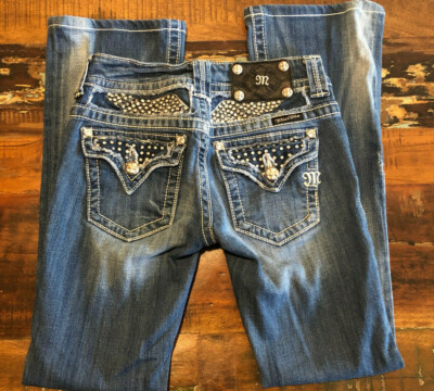 Miss Me Boot Cut (JP5086) Thick Stitch Distressed Rhinestone Flap Pockets Sz 26