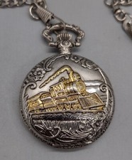 Quartz Gold Tone Pocket Watch Floral designs Train Locomotive Railway Need Batt