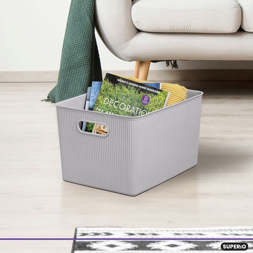 Large Ribbed Storage Bins (4 Pack) Light Grey 23 Liter - Plastic Storage Basket - Picture 5 of 7