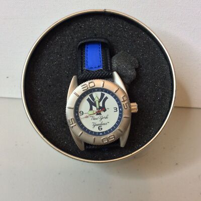 NY Yankees Watch with Black and Blue Band in Tin Container, Never Bin Worn