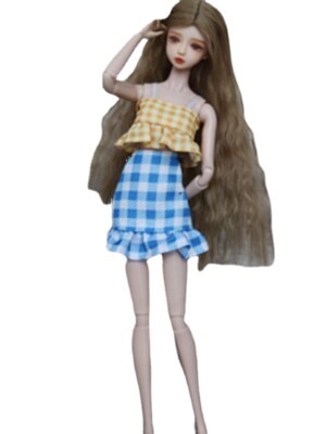 Yellow Blue Plaid 1/6 Doll Clothes Outfits Set Top Skirt Dolls  Accessories