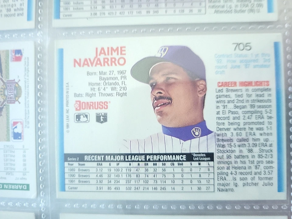1992 Donruss  #705  Jaime Navarro Milwaukee Brewers - Image 2 of 2