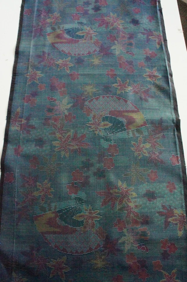 Vintage Japanese Tsumugi Silk Kimono Fabric, Green Blue Woven Maple 165cm(64") - Image 4 of 4