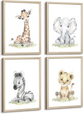 Safari Animal Wall Art Set for Nursery - Framed Baby Room Decor 12x16 Inch
