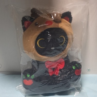 Black Cat Plush Toy Stuffed Animal with Reindeer Hood and Red Bow