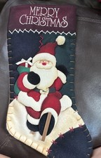 VINTAGE Wool EMBROIDERED SANTA WITH SKI'S Christmas Stocking 17"