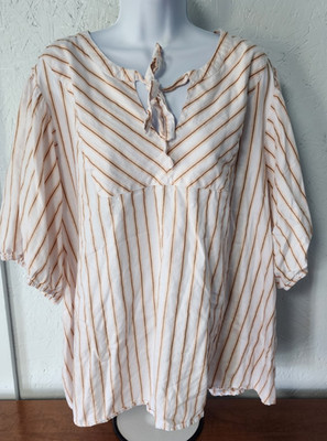 LC Lauren Conrad 3X Blouse Top 100% Cotton Cool Lightweight Tan & Brown Stripes