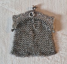 Antique ART NOUVEAU 1900s Silver Tone Mesh Coin Purse Ball Clasp Chatelaine
