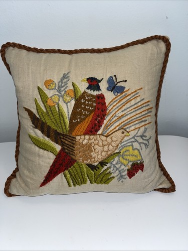 Just We Two Vintage Embr Pillow Erica Wilson Two Pheasants Foliage Butterfly