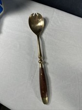 Mid Century Brass & Wood Pronged Long Serving Spoon