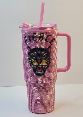Dazzle Bling Out Insulated Tumbler 40oz Lid Straw Handle Pink Fierce Panther Cup