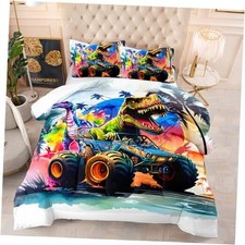 Cartoon Monster Truck Comforter Set for Kids Teens Size Queen Watercolor