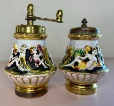 Vintage Capodimonte Porcelain And Brass Salt Shaker And Pepper Grinder Italy