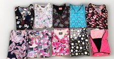 Lot of 10 - Cute Women  s V-Neck Medical Scrub Tops - Size L