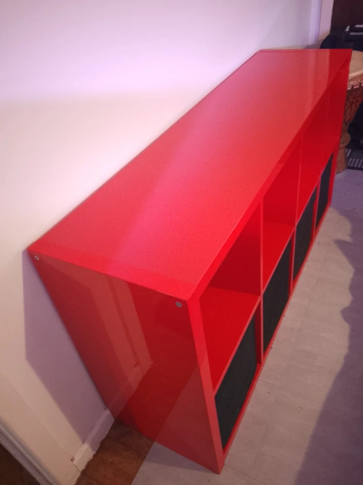 IKEA KALLAX Shelving Unit (Glossy Red) + 4 Black Boxes — 1470mm (L) x 400mm (D)  - image 2 of 4