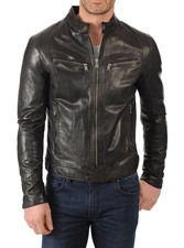 Chaqueta de bombardero de vuelo negra de cuero de cordero real para hombre...