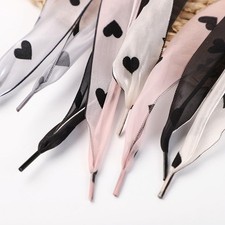 4Pair Organza Shoelace with Black Heart Pattern 3.8CM Wide Flat Ribbon Shoe Lace