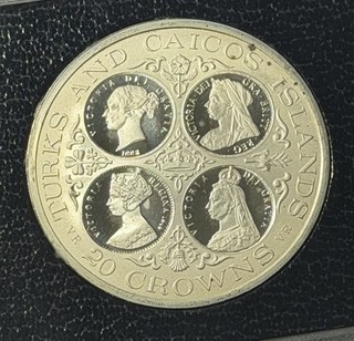 Turks and Caicos 1976 20 Crowns Proof Silver Coin: Elizabeth II Queen Victoria