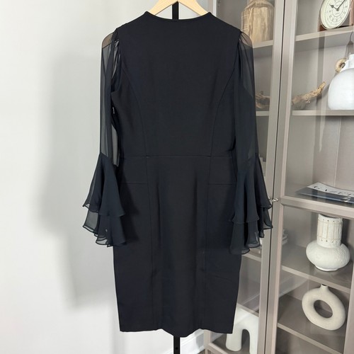 Gucci Cocktailkleid schwarz Jersey Strick transparent Chiffon Langarm L Rüschen V-Ausschnitt - Bild 4 von 6