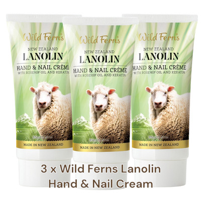 [Wild Ferns] 3 x Lanolin Hand and Nail Crème/Cream w Rose Hip and Keratin 85mL