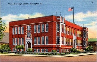 Burlington VT Cathedral High School 1930s Downtown Linen Postcard