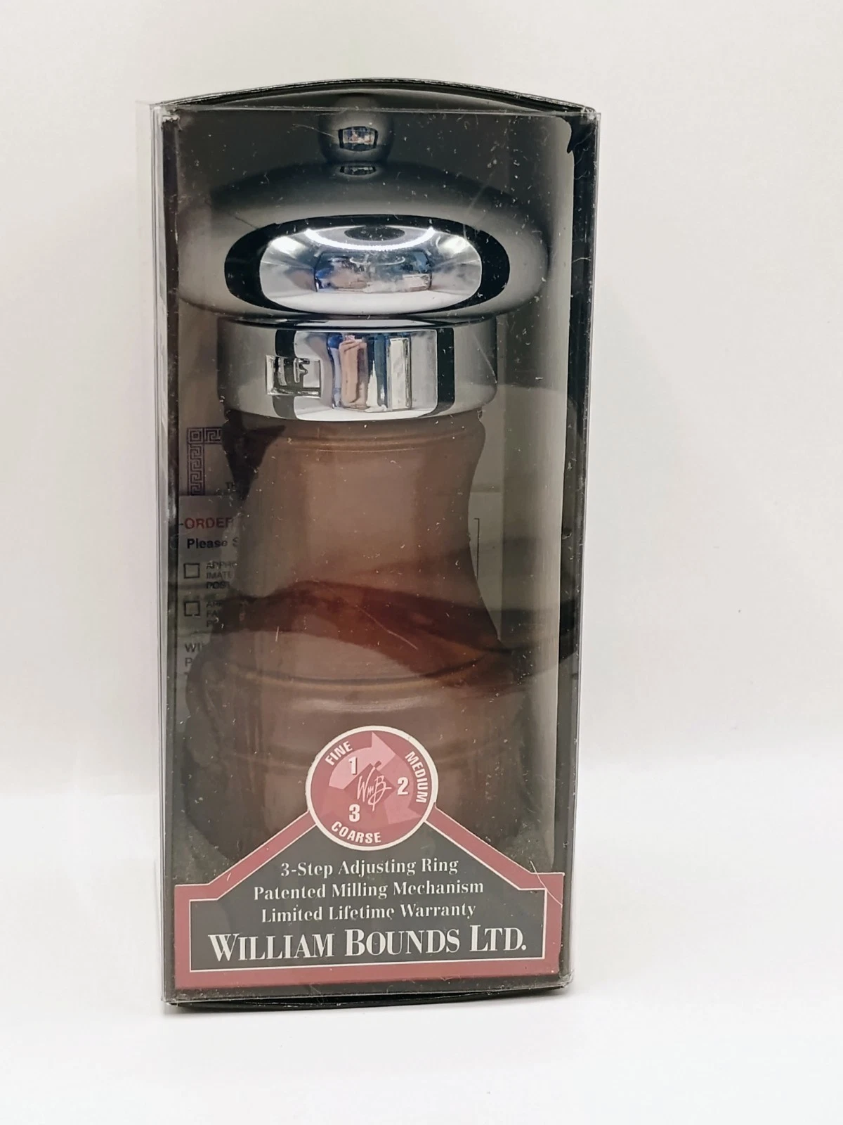 NOS William Bounds Walnut & Chrome Pepper Mill Grinder 5" New in Box