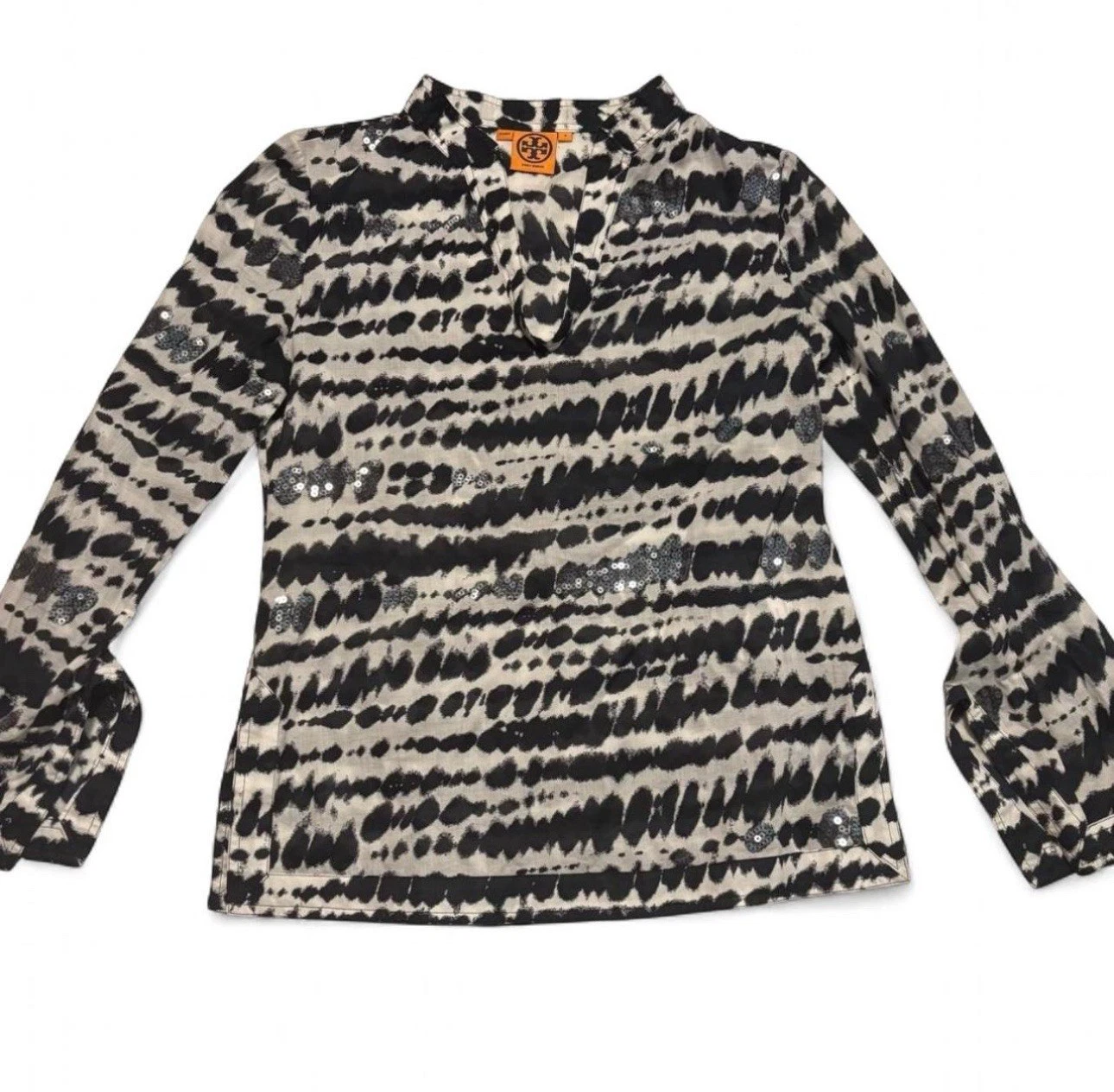 Top tunica donna Tory Burch taglia 8 nero bianco stampa paillettes blusa cotone