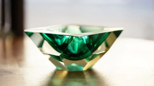 VTG MCM Flavio Poli Murano Faceted Geode Glass Ashtray Diamond Sommerso Green