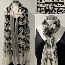 Designer Black/Ivory Silk Chiffon Animal  Silhouettes SCARF 84cmx 210cm Handroll